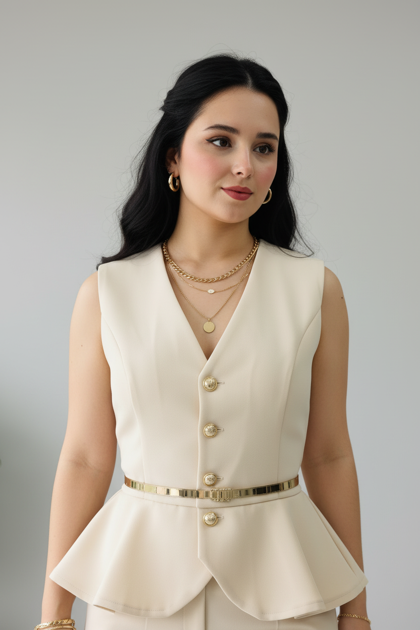 Conjunto Elegante Beige Chaleco Peplum con Botones Dorados y Pantalón Slim cod.504