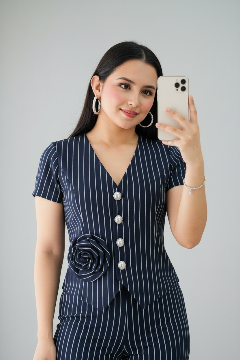 Conjunto Formal Navy Rayas Blazer Botones Perla Rosa 3D y Palazzo cod.C0035