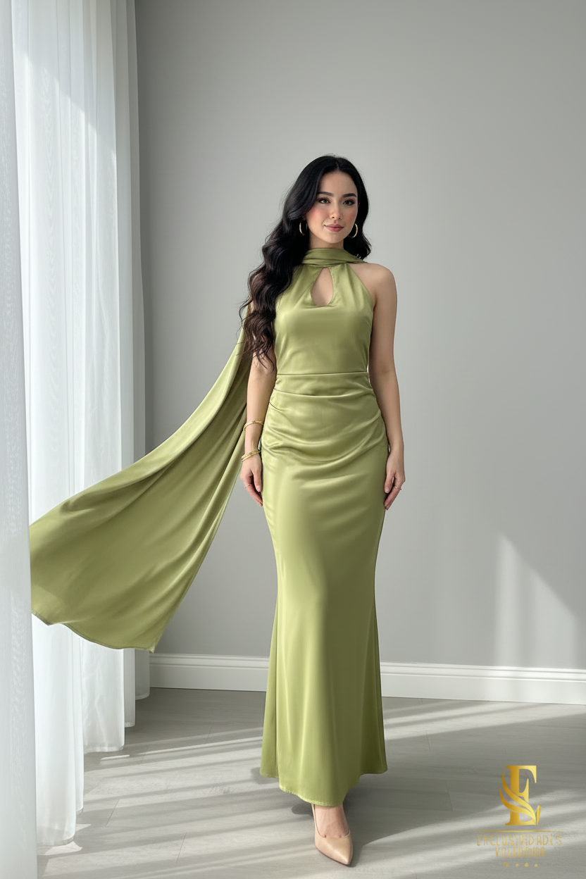 Vestido Verde Oliva Satinado — Halter Cut-Out con Capa Lateral cod.0050