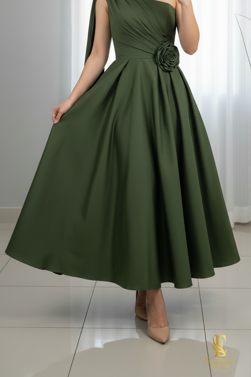 Vestido Verde Olivo Un Hombro Rosa cod.V328