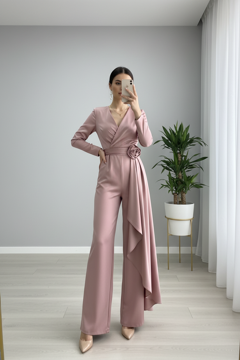 Jumpsuit Rosa Palo — Escote V, Rosa 3D & Caída Asimétrica cod.875