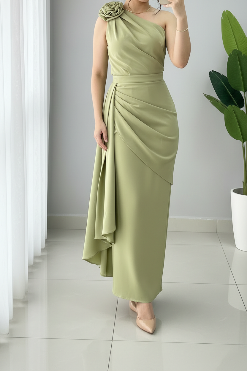 Vestido Verde Salvia Un Hombro con Rosa 3D y Drapeado Exclusivo cod.807