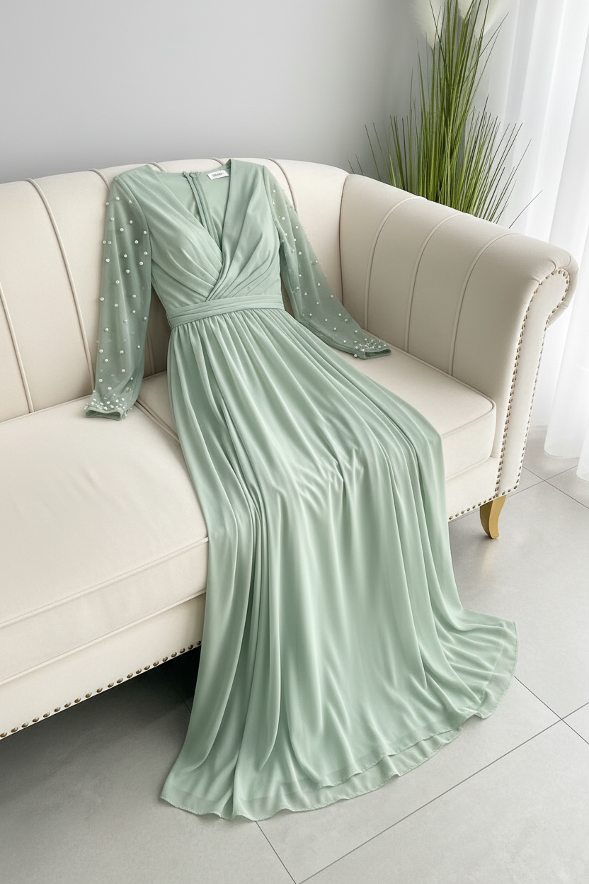 Vestido Verde Salvia Manga Larga Tul Perlas Abertura cod.V892