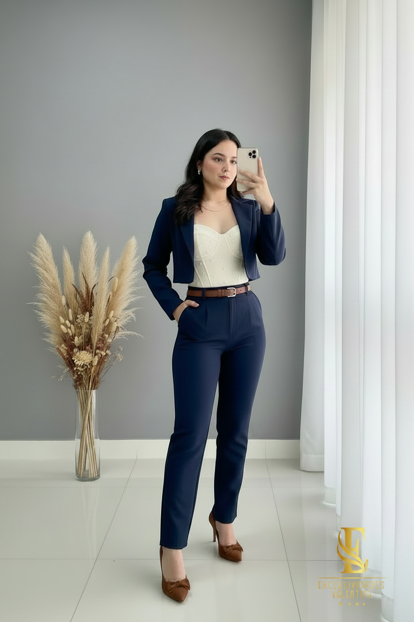 Conjunto 3 Piezas Azul Marino con Cinturón Café — Blazer Cropped + Bustier + Pantalón formal cod.0077