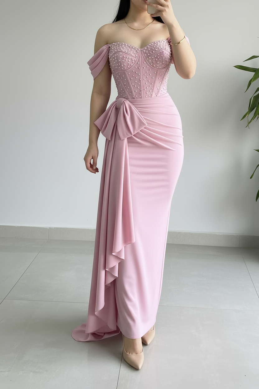 Vestido Formal Rosa Off-Shoulder Corset con Perlas y Lazos cod.505