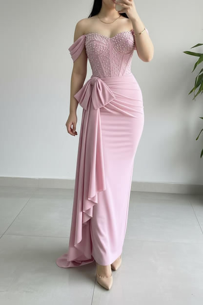 Vestido Formal Rosa Off-Shoulder Corset con Perlas y Lazos cod.505