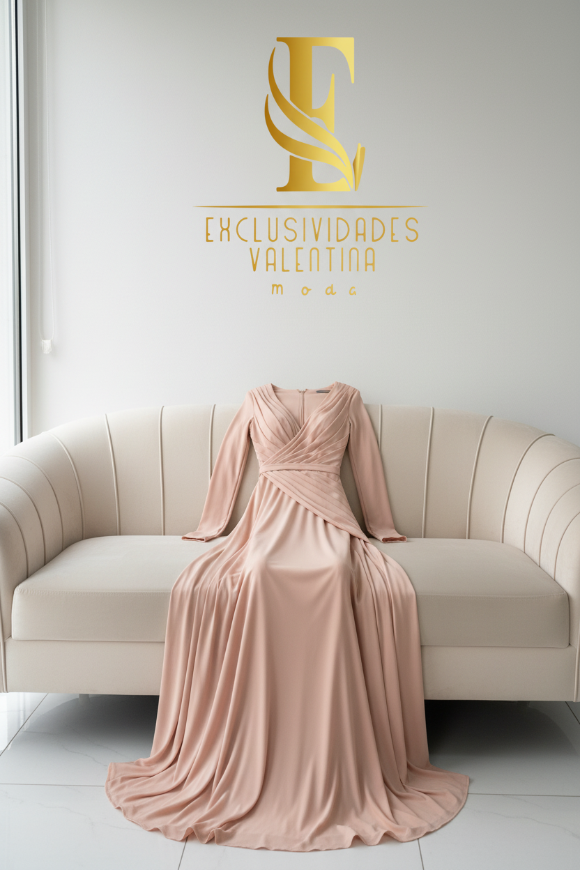 Vestido Rosa Palo Gala Escote V Manga Larga Drapeado cod.V581