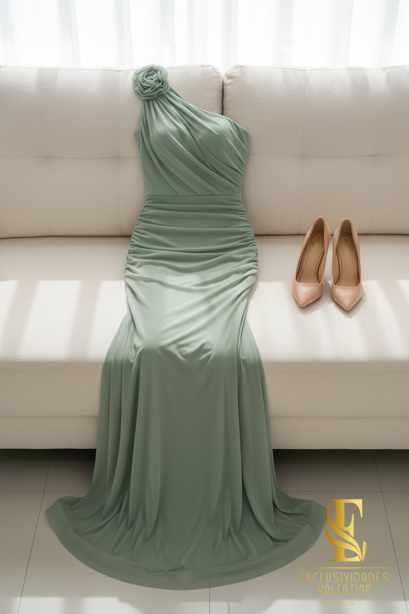 Vestido Sirena Un Hombro Verde Salvia Rosa D cod.V398
