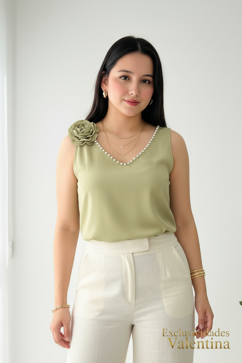 Set Salvia · Top Rosa 3D y Palazzo Crema cod.C271
