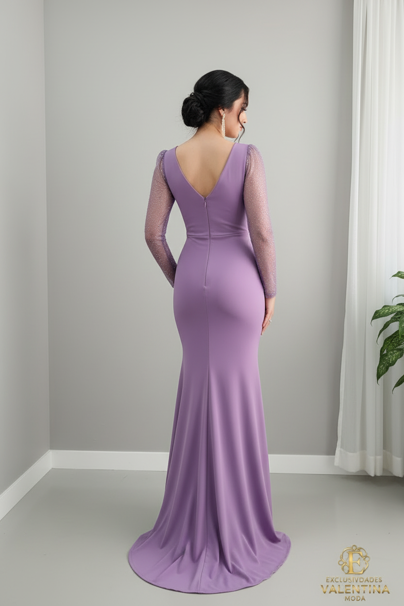 Vestido Lila Orquídea Escote V Mangas Tul Cristales Sirena cod.930
