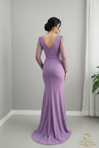Vestido Lila Orquídea Escote V Mangas Tul Cristales Sirena cod.930