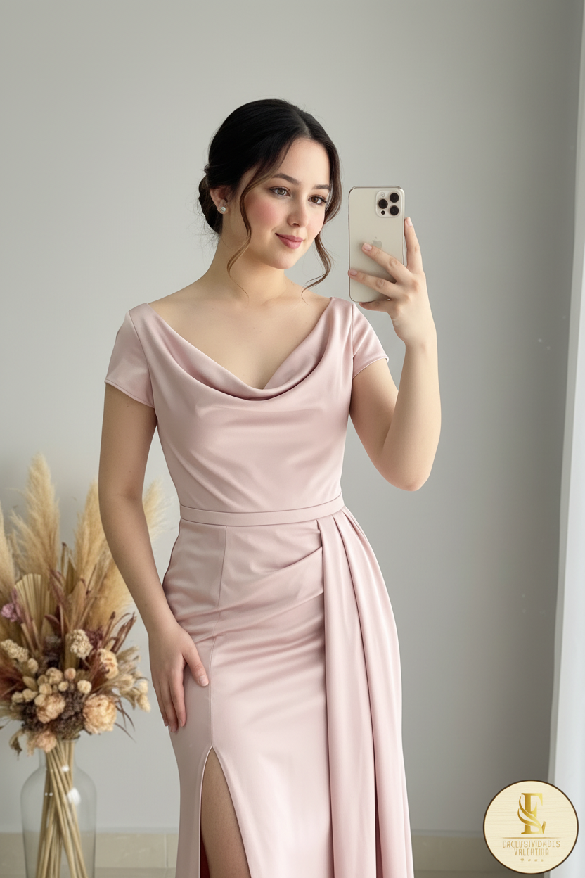 Vestido Rosa Palo Cowl Neck Drapeado Abertura cod.V