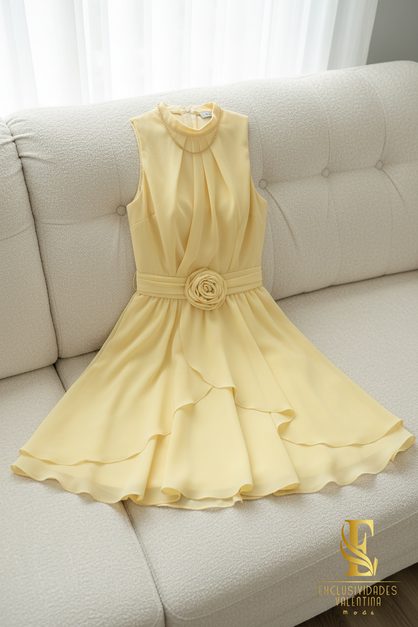 Vestido Amarillo Pastel Rosa 3D Chiffon cod.V744