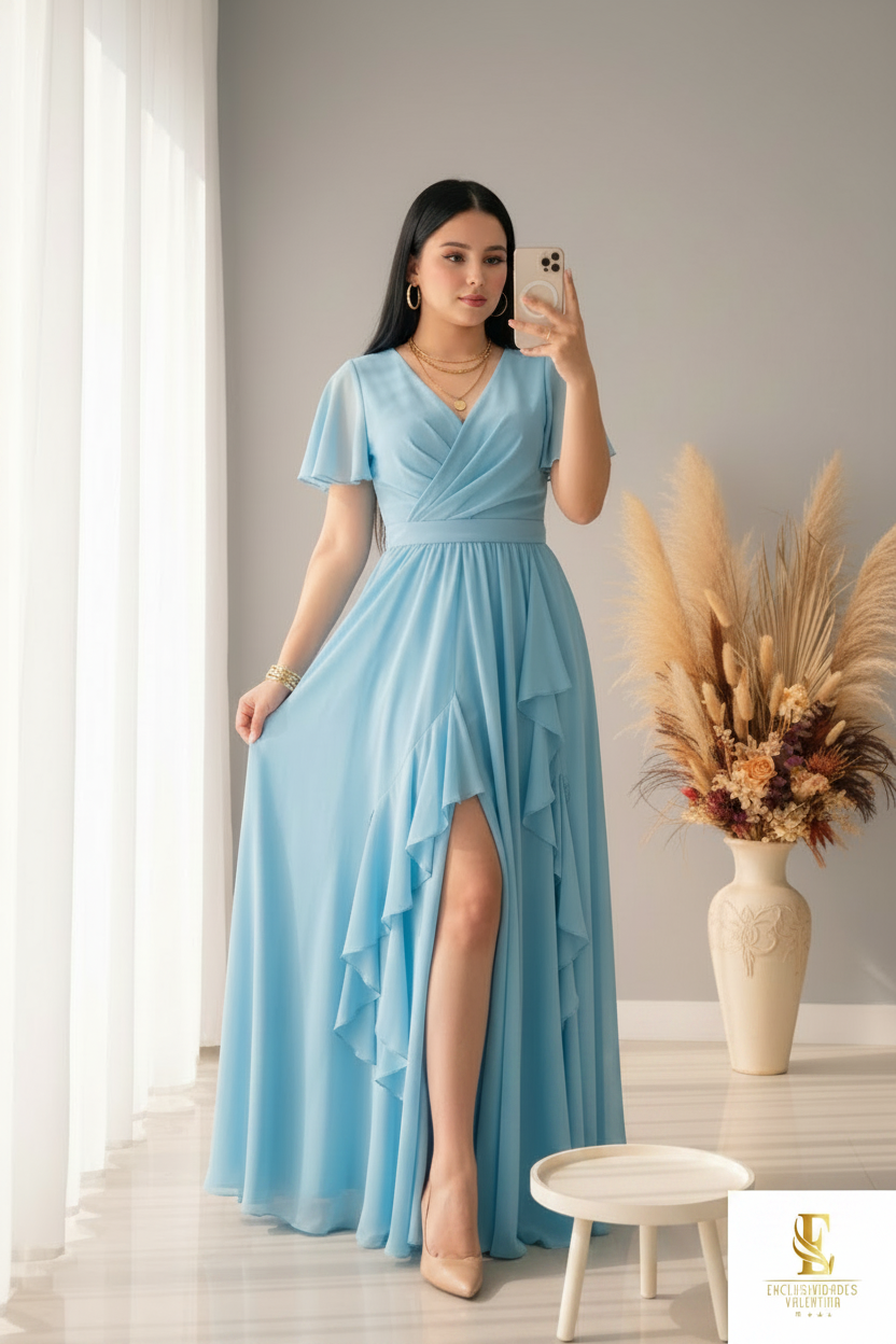 Vestido Azul Cielo Gasa Manga Mariposa cod.00165