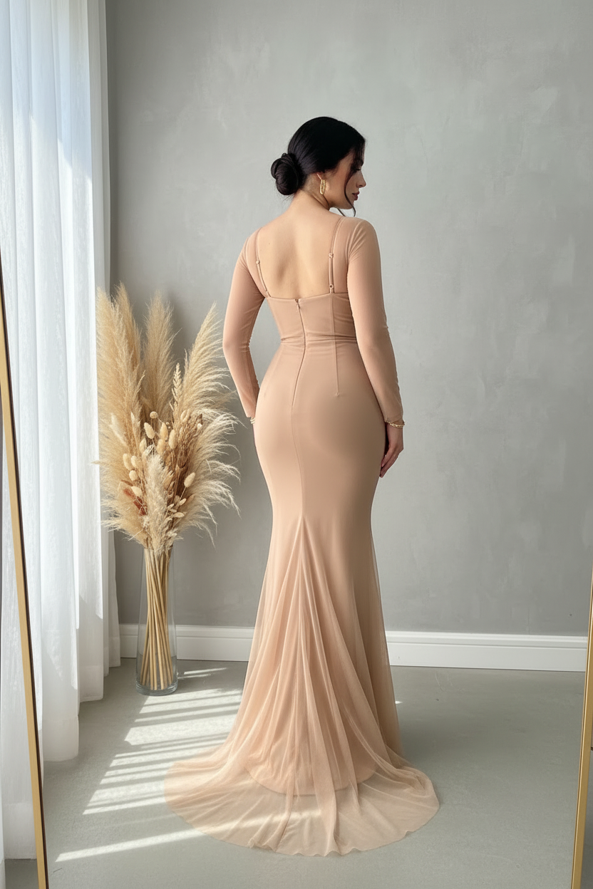Vestido Nude Sirena con Tul y Tirantes cod.V363