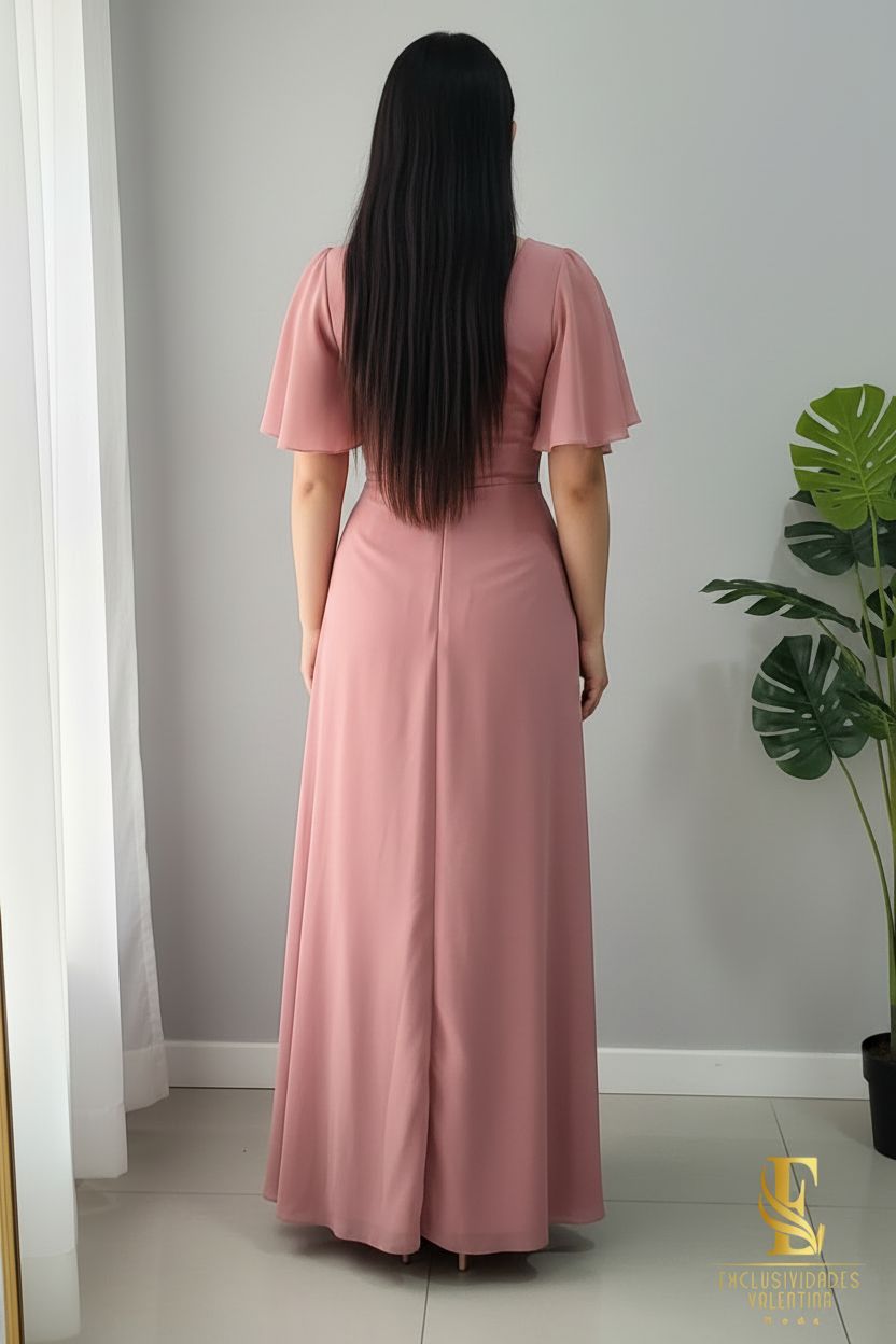 Vestido Rosa Palo Chiffon con Mangas Mariposa y Drapeado cod.V671