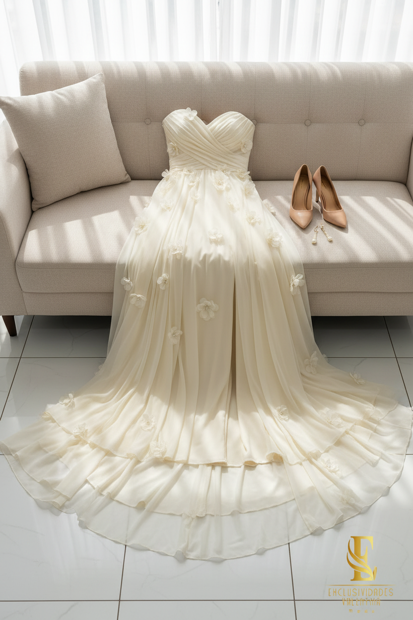 Vestido Ivory Strapless Escote Corazón Flores 3D Tul con Abertura cod.V296
