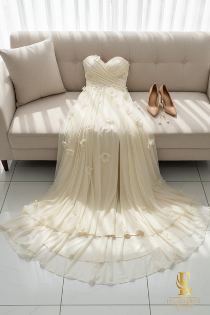 Vestido Ivory Strapless Escote Corazón Flores 3D Tul con Abertura cod.V296