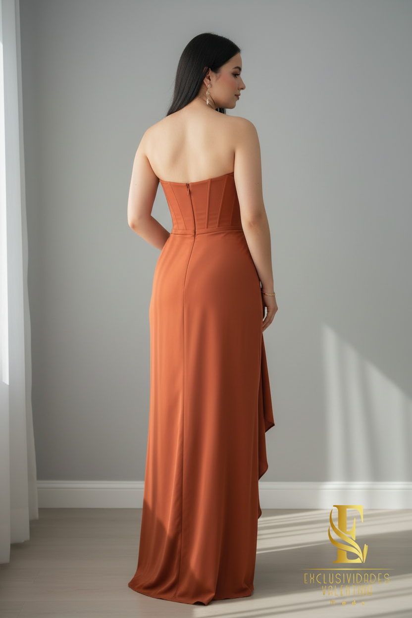 Vestido Corset Terracota con Falda Drapeada cod.0060