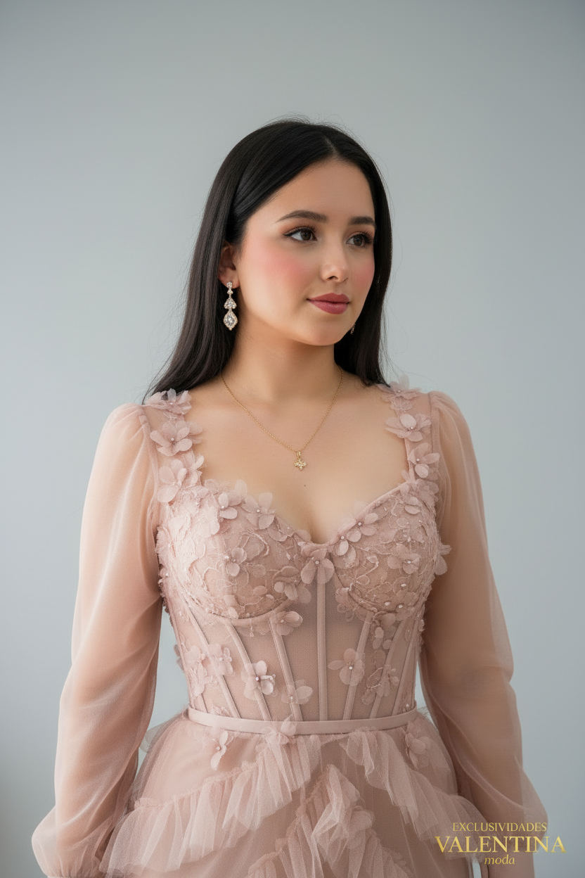 Vestido Rosa Palo Tul Manga Larga Corset con Falda en Capas Escalonada cod.V542