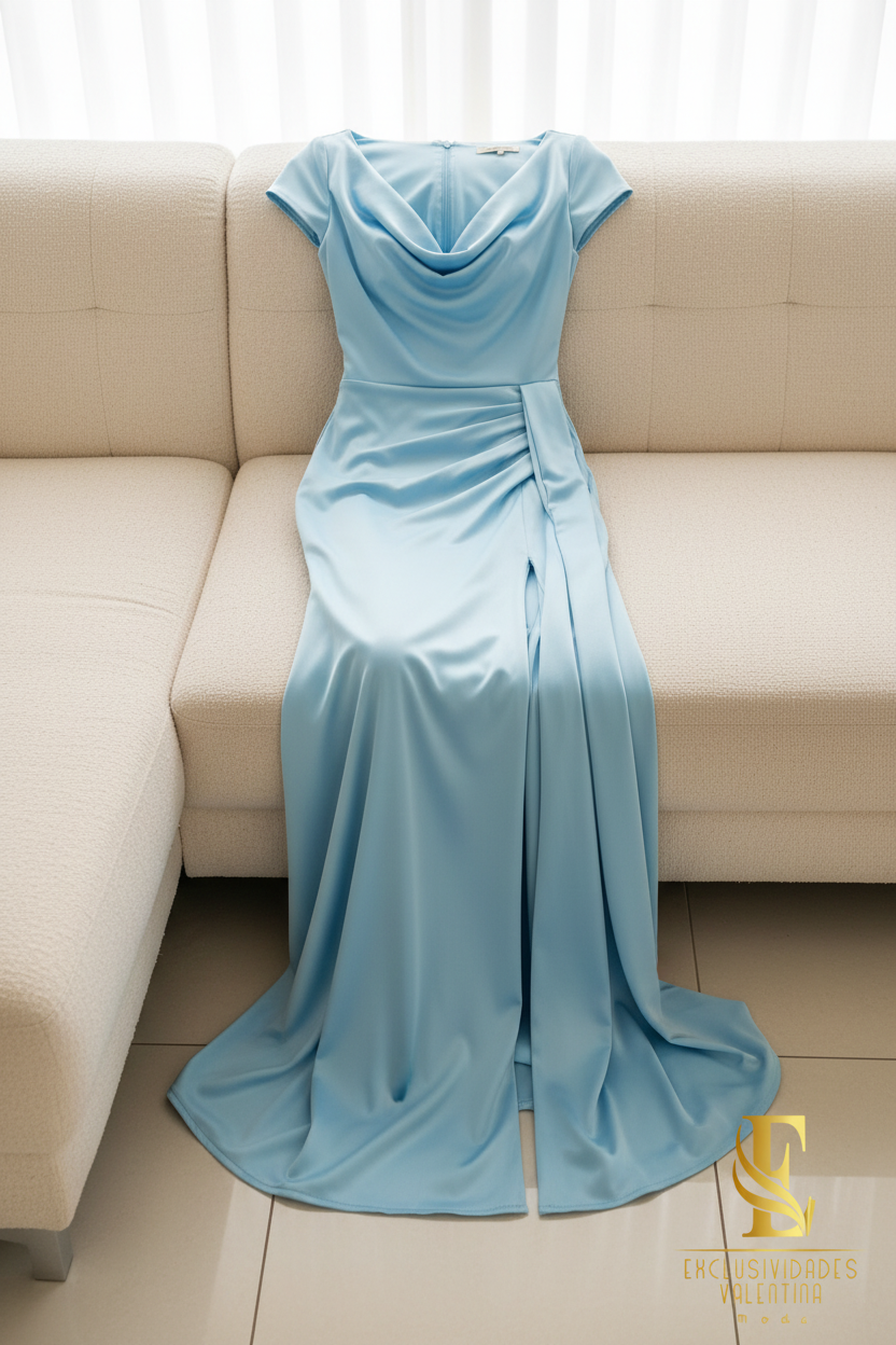 Vestido Sirena Azul Cielo | Cowl Neck y Drapeado Cruzado cod.V441