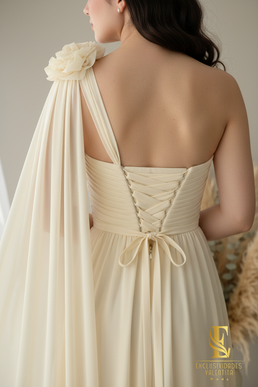 Vestido Crema Marfil One-Shoulder Chifón con Flor, Capa y Abertura cod.0082