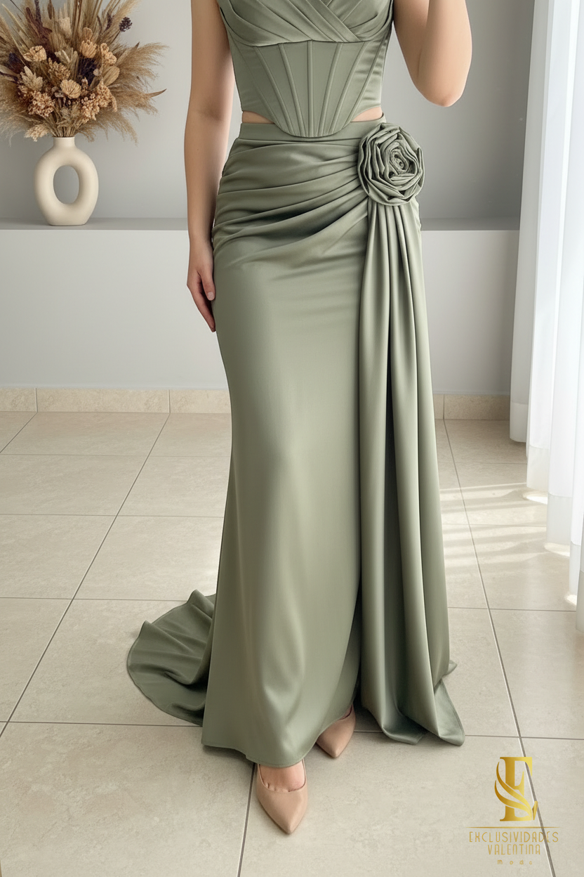 Conjunto Verde Salvia | Corsé con Rosa 3D y Falda Drapeada cod.C443