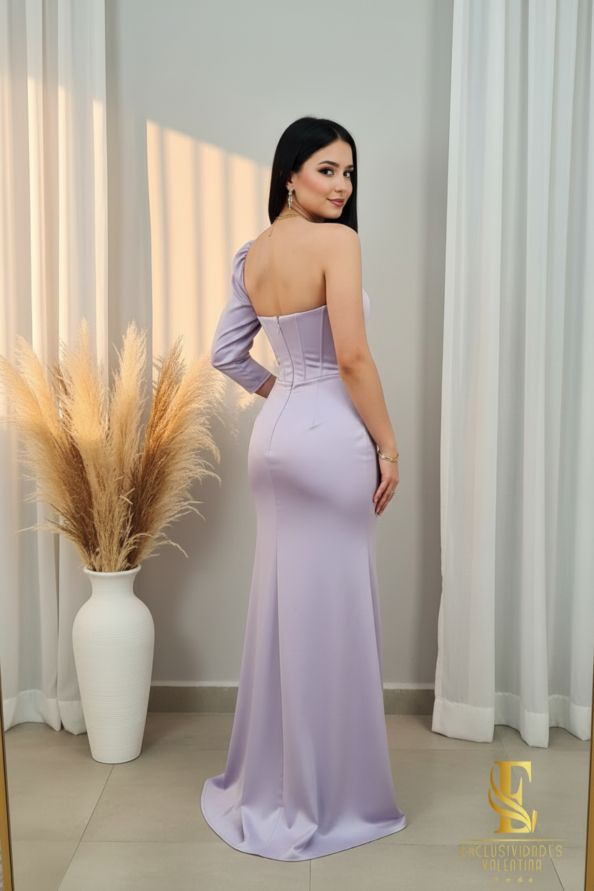 Vestido Satinado Lila Un Hombro cod.00187