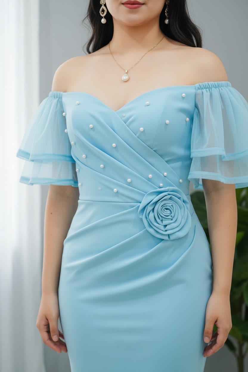 Vestido Azul Cielo Off-Shoulder Mangas Tul Dobles Perlas Rosa 3D y Falda Sirena cod.776
