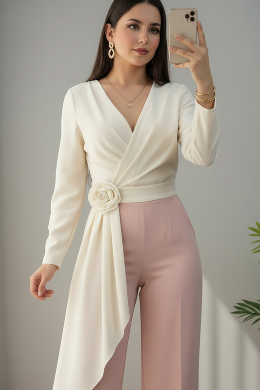 Blusa Cruzada Blanca con Rosa 3D y Panel Asimétrico cod.B646