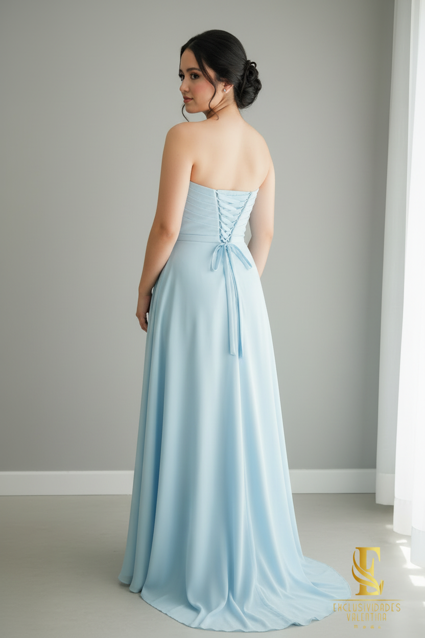 Vestido Azul Cielo Chiffon Strapless Rose  cod.V231