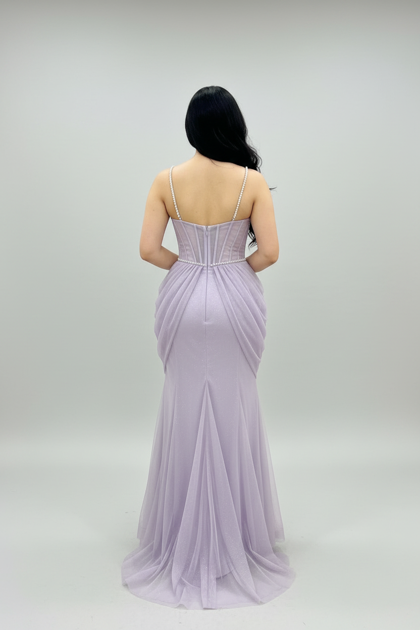 Vestido Lila — Corset de Tul con Drápado Pétalos y Sirena cod.V622