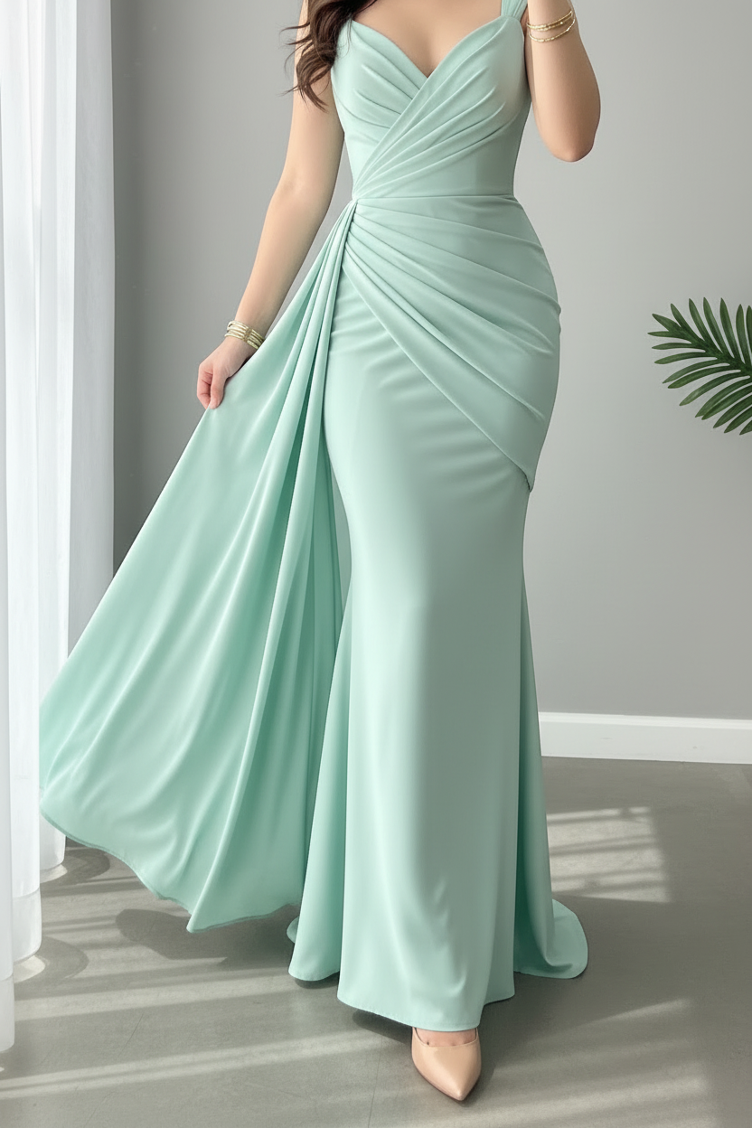 Vestido Aqua Menta Sirena con Train Lateral cod.955