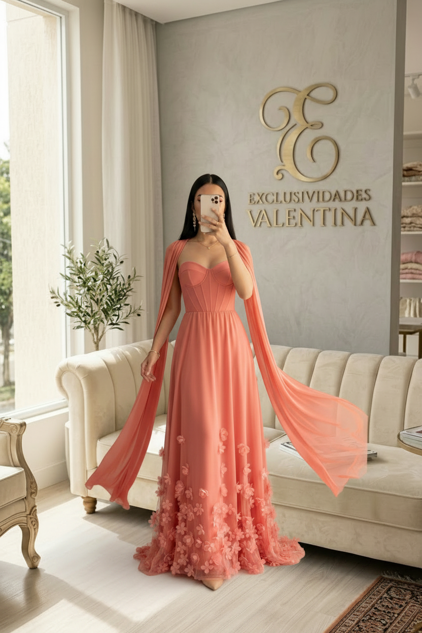 Vestido Coral Gala Corset Flores 3D Mangas Capa cod.V576