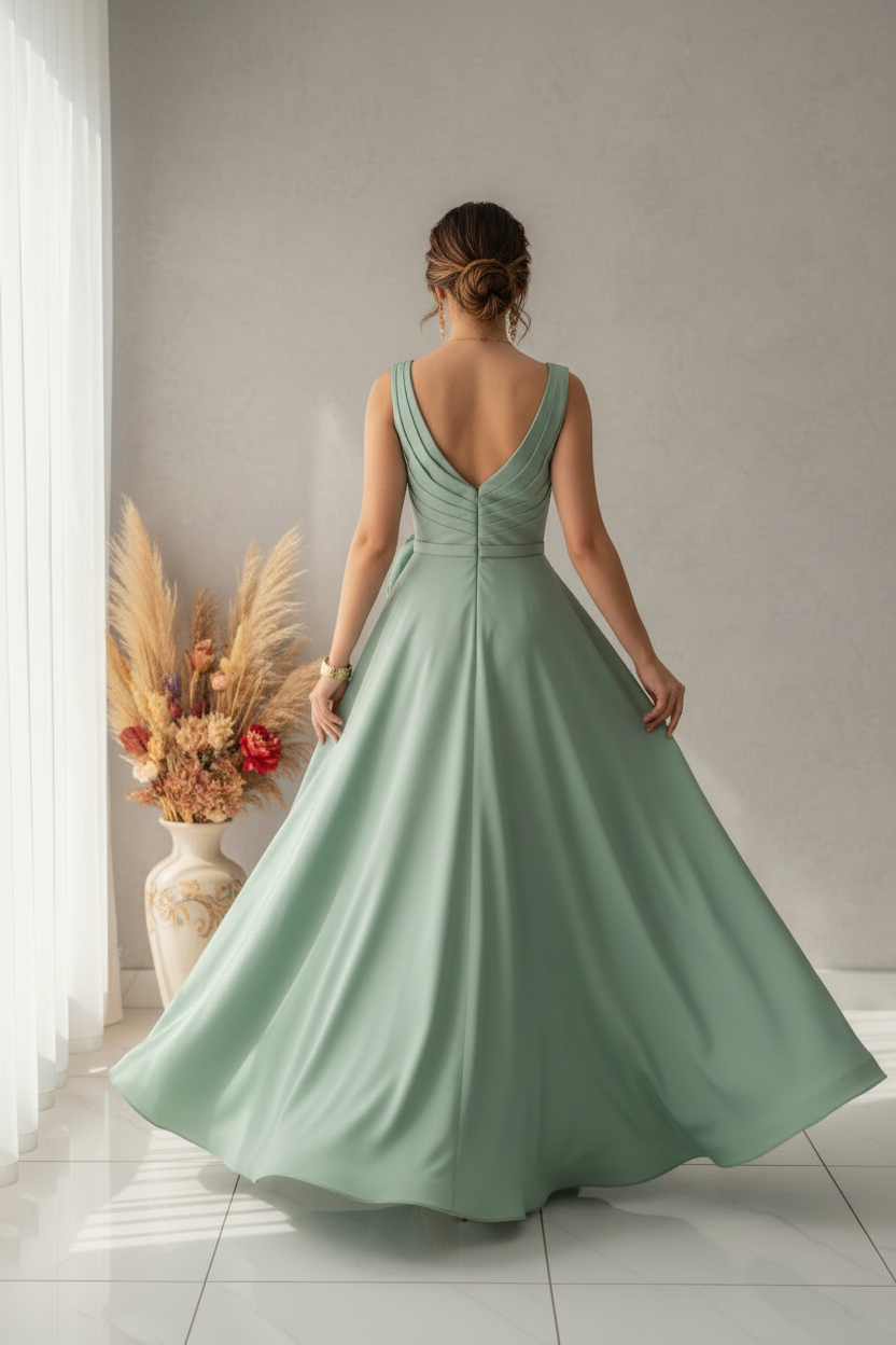 Vestido Verde Sage Gala Escote V Plisado Rosa 3D Falda A-line cod.V588