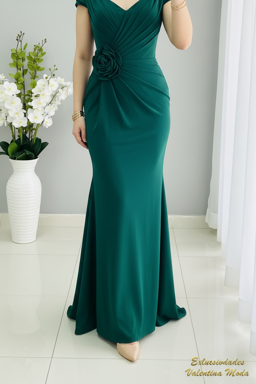 Vestido Sirena Verde Esmeralda | V-Neck Manga Casquillo con Rosa D cod.502