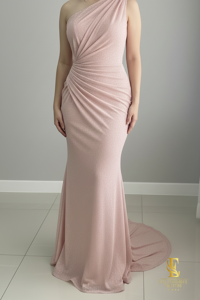 Vestido Sirena Rosa Blush Brillante Un Hombro con Drapeado Diagonal cod.C250