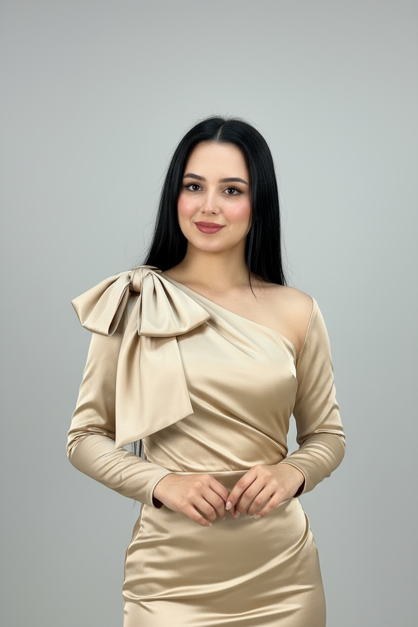 Vestido Dorado Champagne Satinado con Lazo en Hombro cod.645