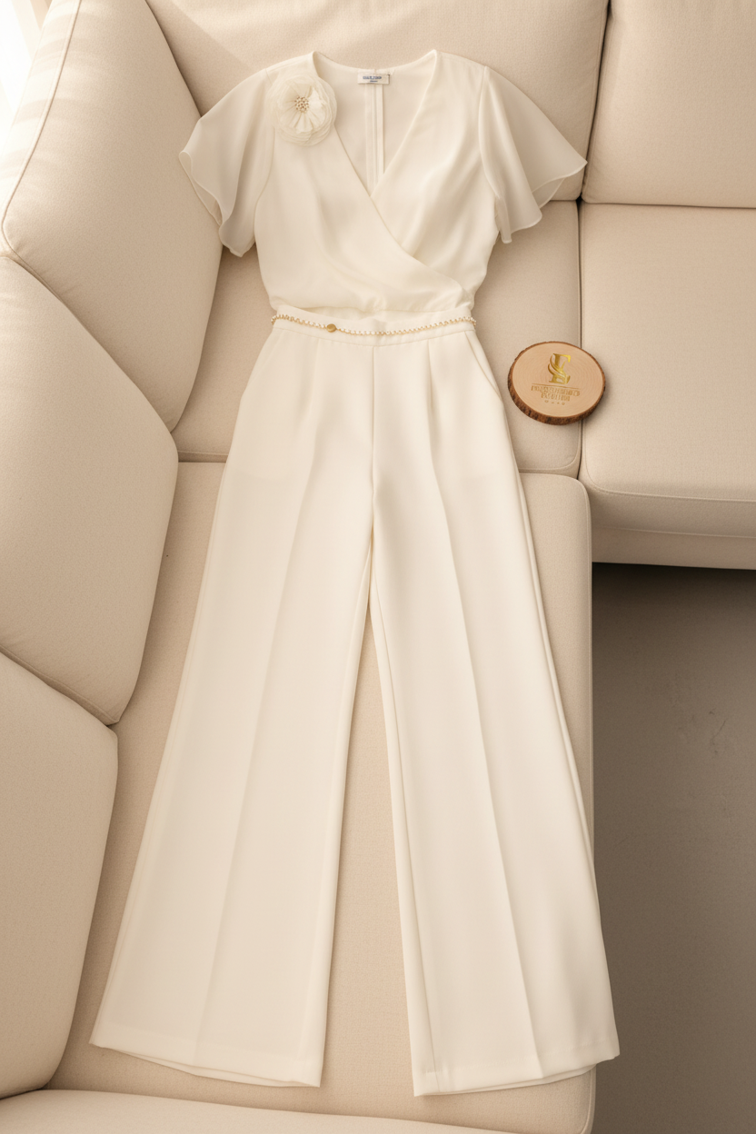 Conjunto Dos Piezas Blanco Total Top Wrap Flor 3D Cinturon Perlas Pantalon Palazzo Wide Leg cod.844