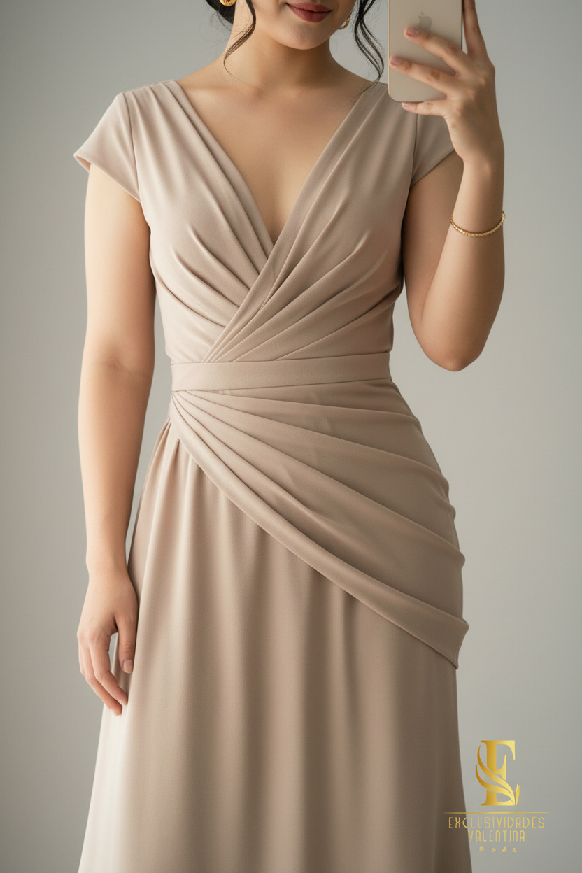 Vestido Champagne Largo Escote V Drapeado Diagonal Manga Capa cod.V294