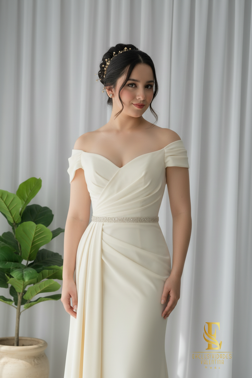 Vestido Blanco Off-Shoulder con Cinto de Cristales cod.0067