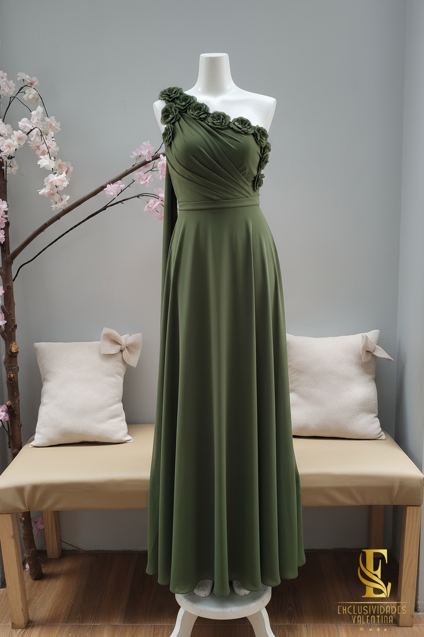 Vestido Verde Oliva Largo Un Hombro Rosas 3D Falda Evasé cod.V297