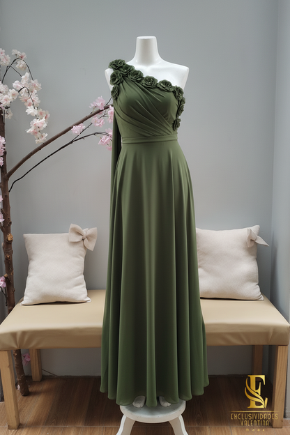 Vestido Verde Oliva Largo Un Hombro Rosas 3D Falda Evasé cod.V297