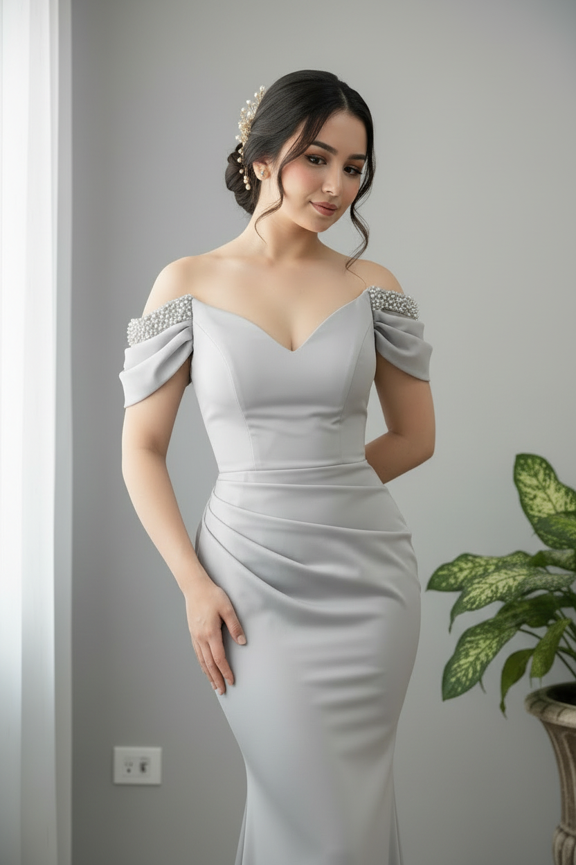 Vestido Gris Plateado Off-Shoulder Perlas cod.0013