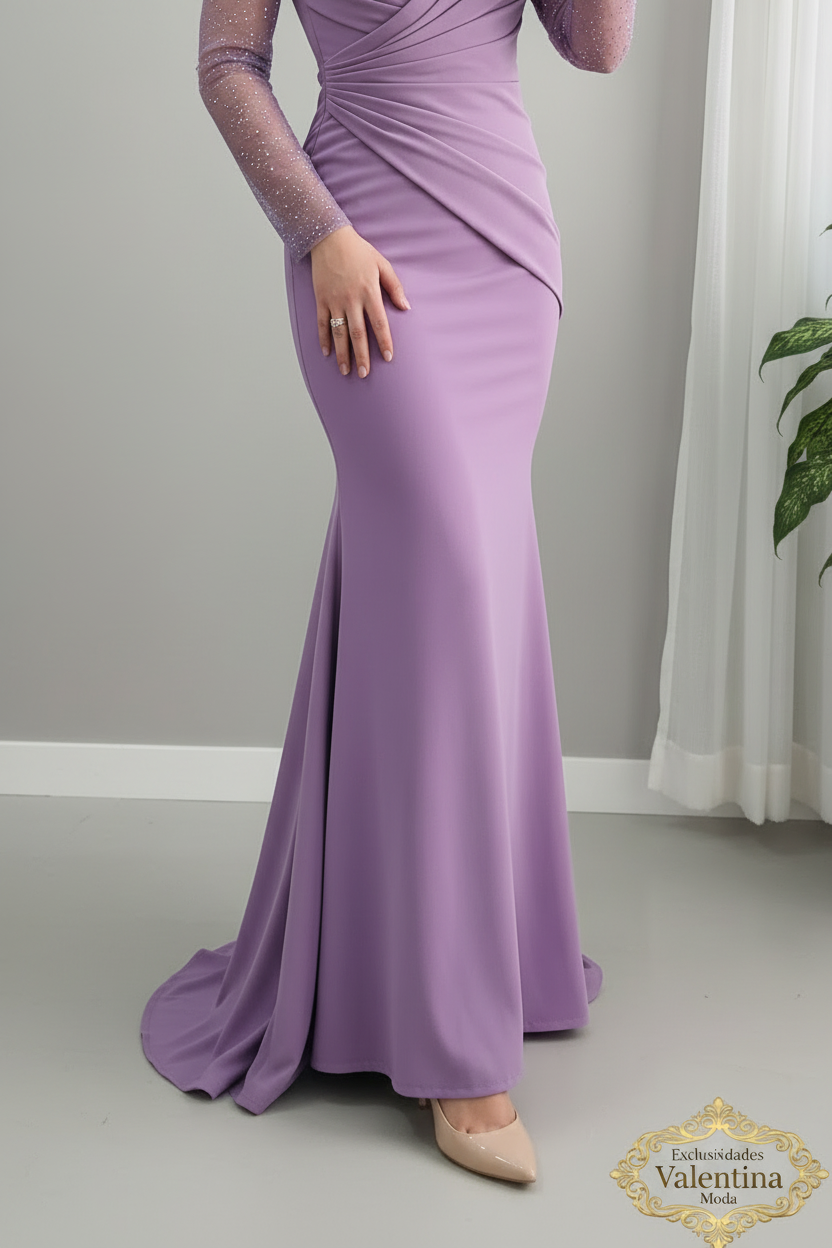 Vestido Lila Orquídea Escote V Mangas Tul Cristales Sirena cod.930