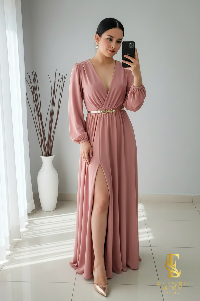 Vestido Rosa Palo Escote V Cruzado Manga Globo con Cinturón cod.V349
