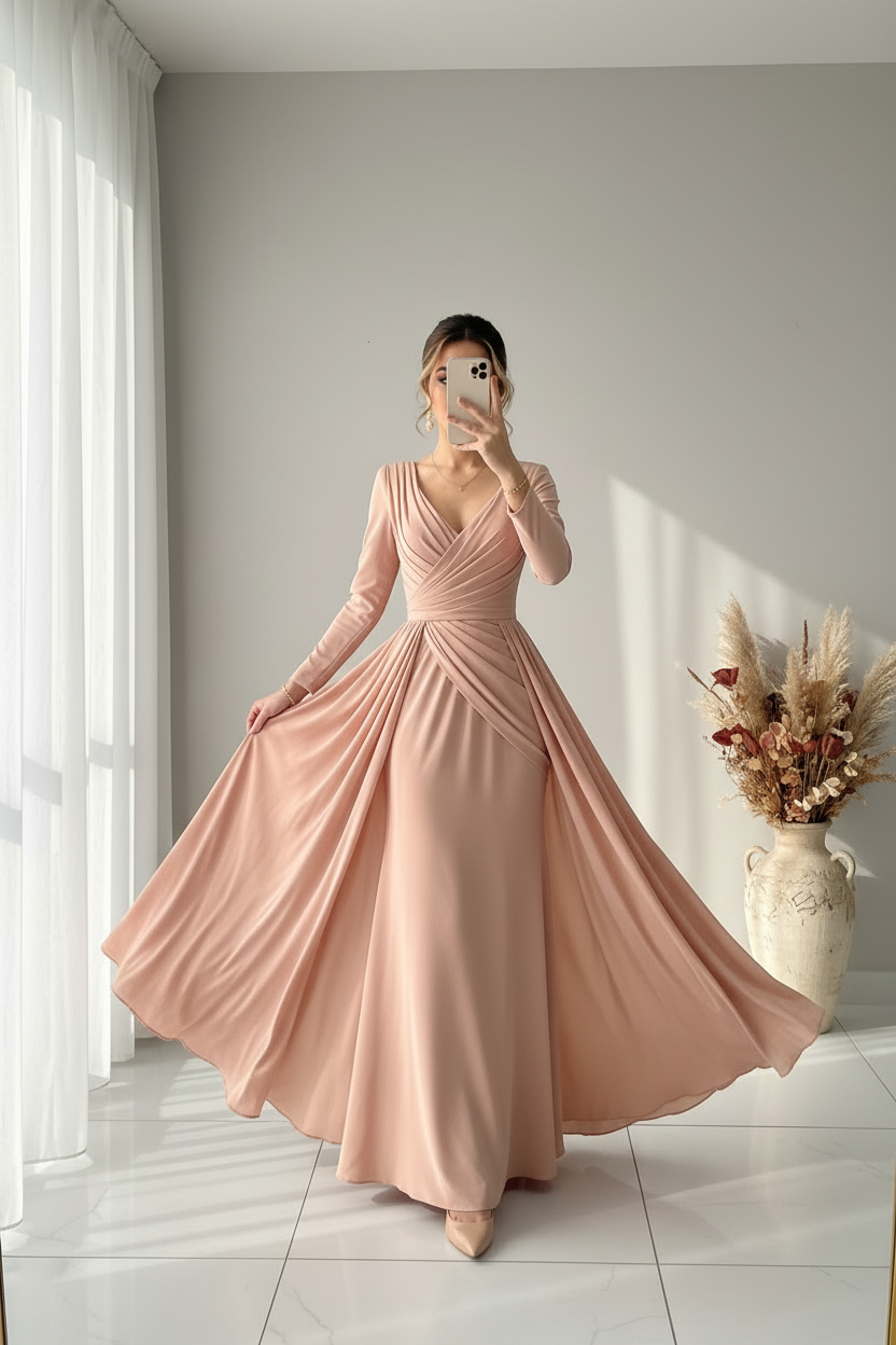 Vestido Rosa Palo Gala Escote V Manga Larga Drapeado cod.V581