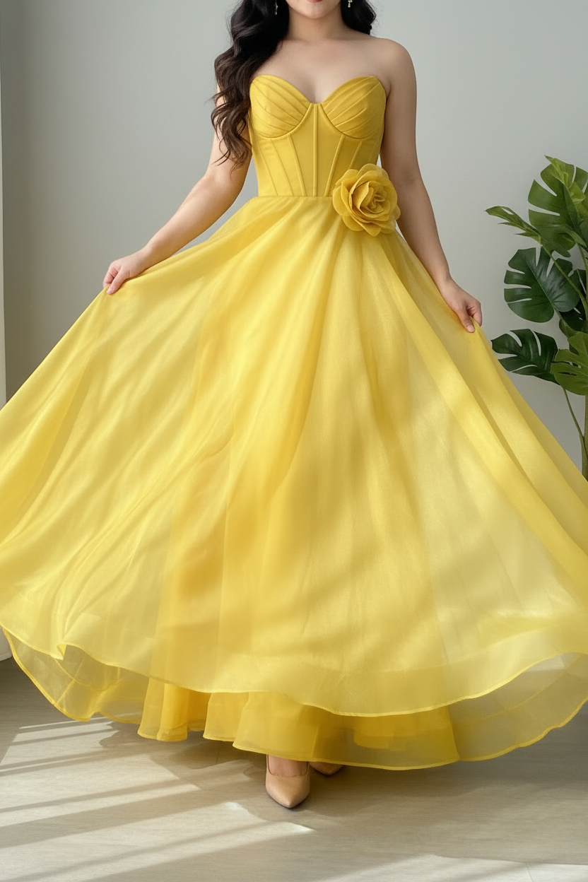 Vestido Amarillo Sol Strapless Corsé con Rosa 3D y Falda Organza Maxi cod.981