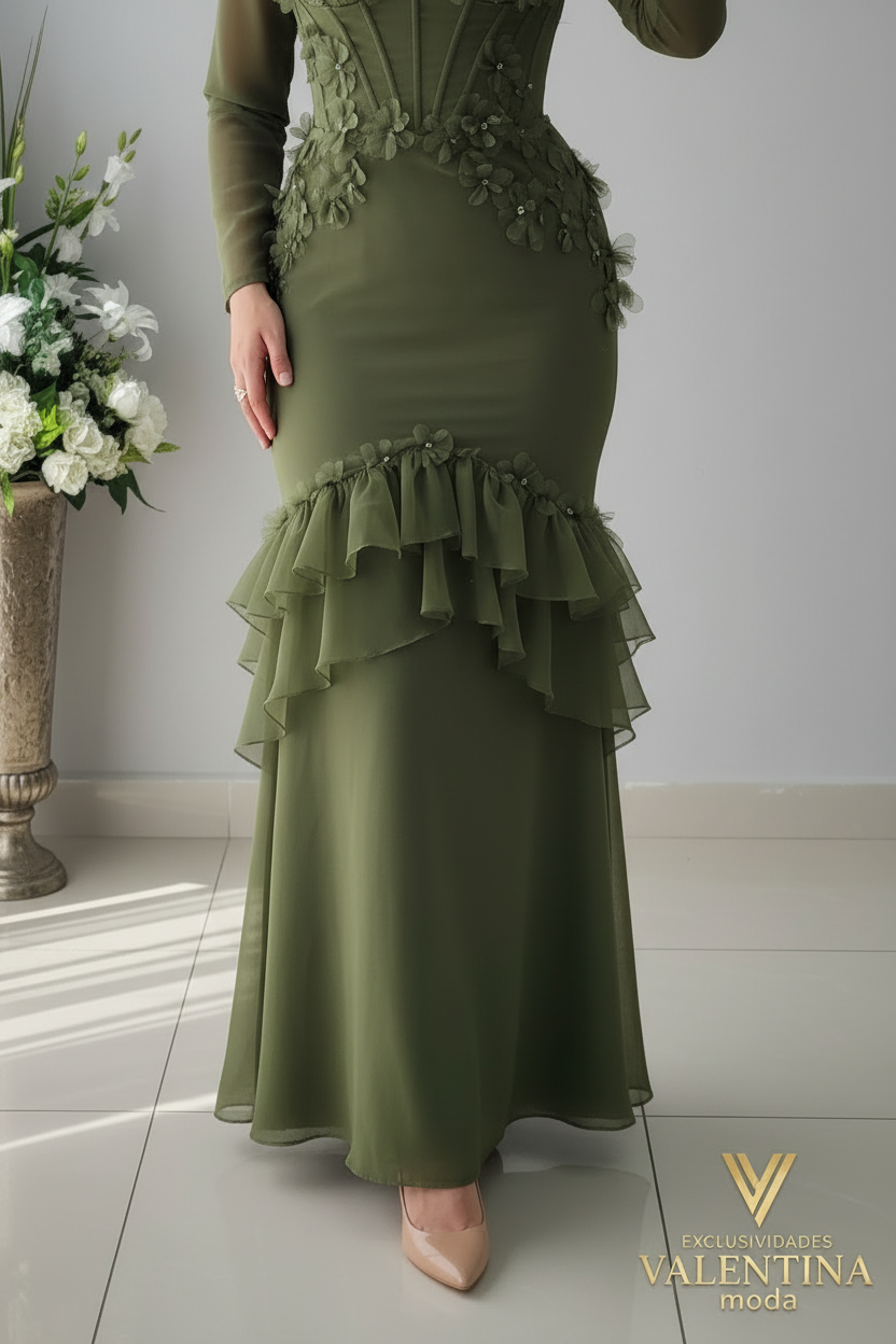 Vestido Verde Militar Manga Larga Corset con Bordado Floral y Volantes cod.V541