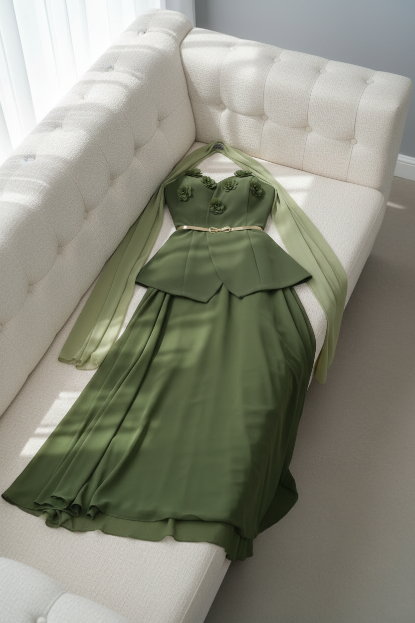 Conjunto Verde Olivo con Capa y Flores D cod.635